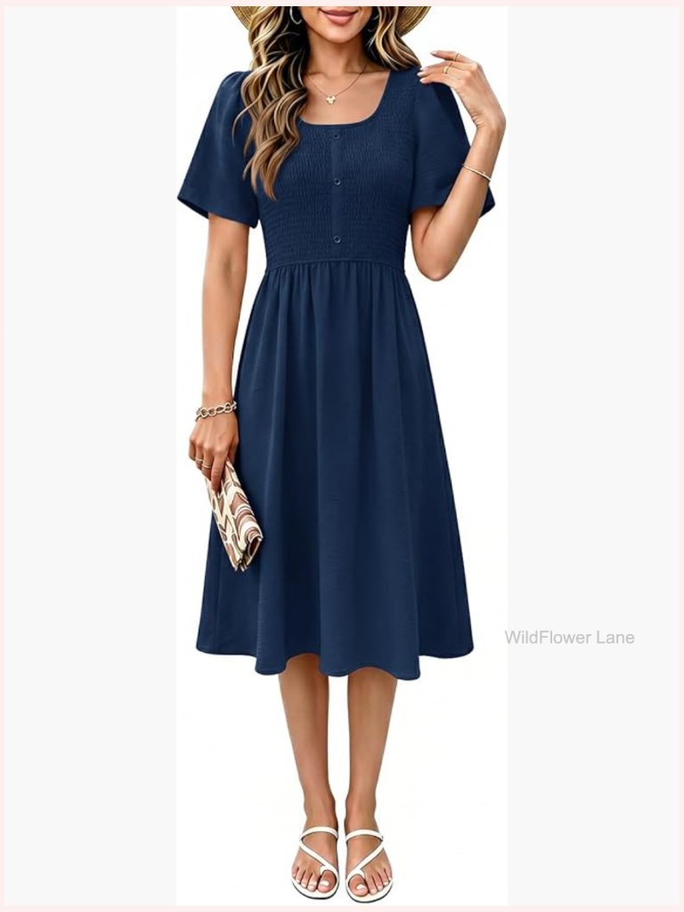 Summer Midi Dress With Flowy A-Line Silhouette Short Sleeves Gathered Waist